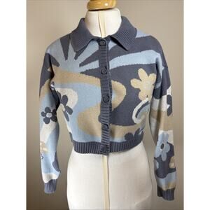 Hollister Y2K Cropped Cardigan Floral Abstract Button Front Blue Beige SweaterXS